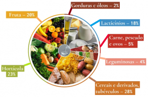 Roda dos alimentos: cereais e derivados (28%), hortícula (23%), fruta (20%), laticínios (8%), carne, pescado e ovos (5%), leguminosas (4%), gosduras e óleo (2%)